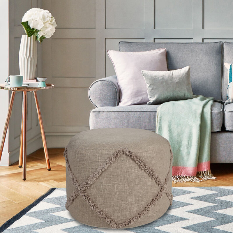 Cotton Cylinder Geometric Pouf Ottoman – Round Upholstered Footrest for Living Room