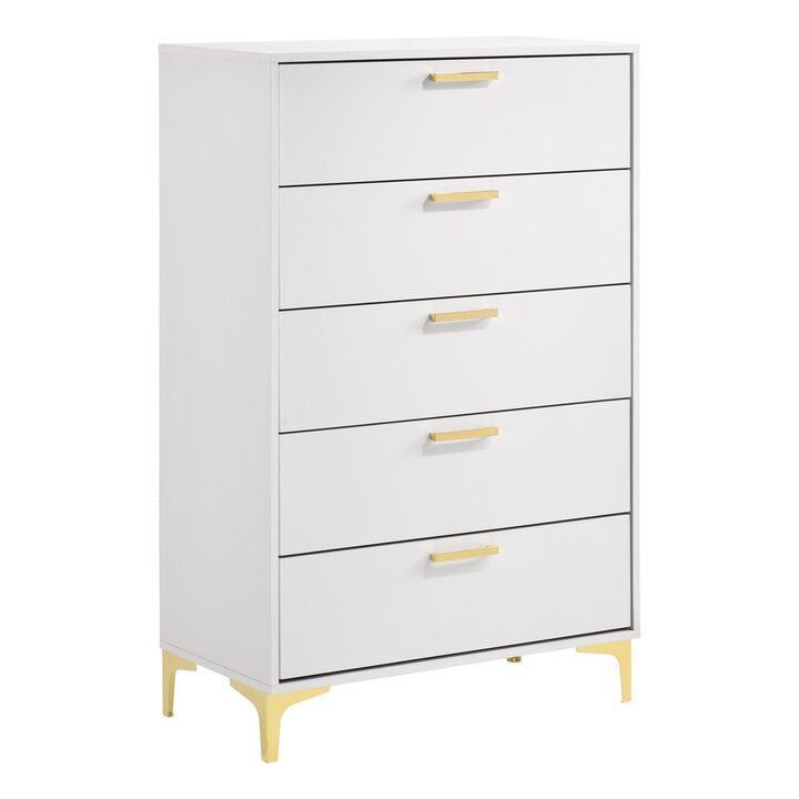 Lif 50 Inch Modern 5 Drawer Tall Dresser Chest, Gold Accents, Smooth White-Benzara