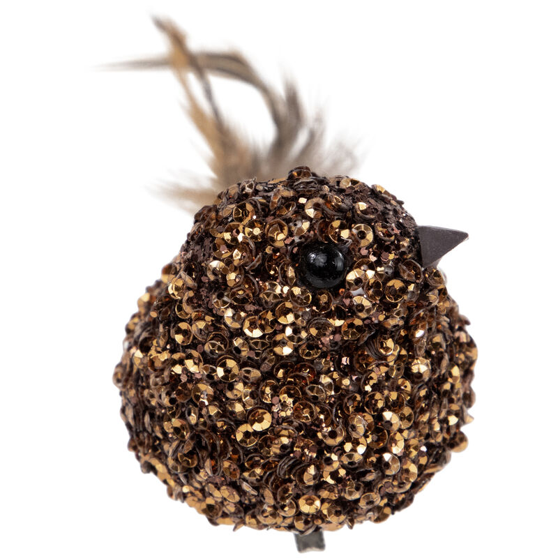 6.5" Bronze Sequined Bird with Feather Tail Christmas Ornament with Clip