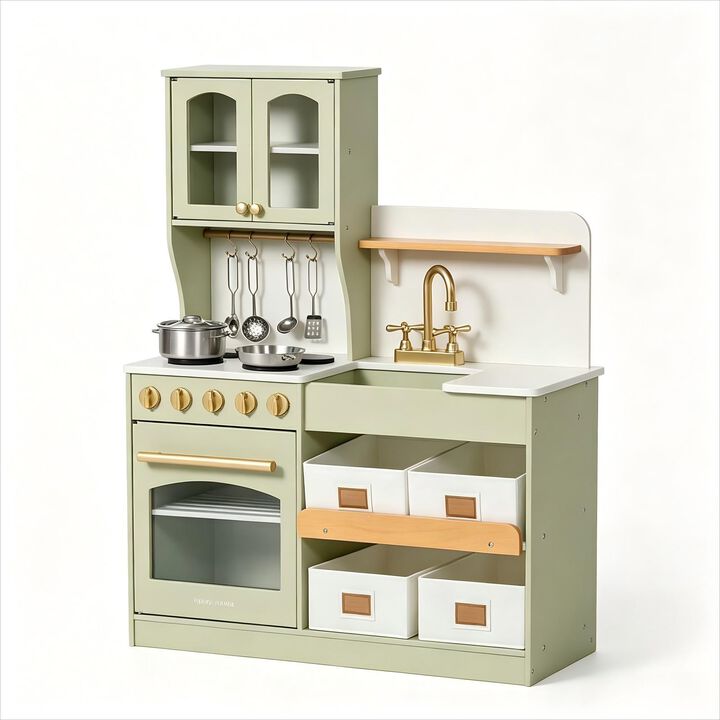 Wooden Play Kitchen with Toy Storage, Built-In Cabinets, Felt Bins & Cookware Accessories Make Cleanup Easy While Encouraging Organizational Skills