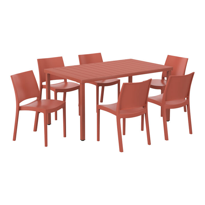 WestinTrends 7-Piece Outdoor Rectangular Metal Patio Dining Table Set With Stackable Resin Patio Side Chairs