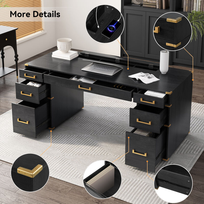 Whisen 70" Executive Desk, 7-Drawer USB MDF Metal for Home Office Study image number 7