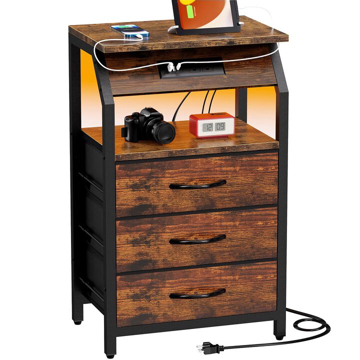 SZLHANJZ End Table with Charging Station, Nightstand with LED Lights and 3 Drawers, Small Dresser with Fabric Storage, Retro Sid