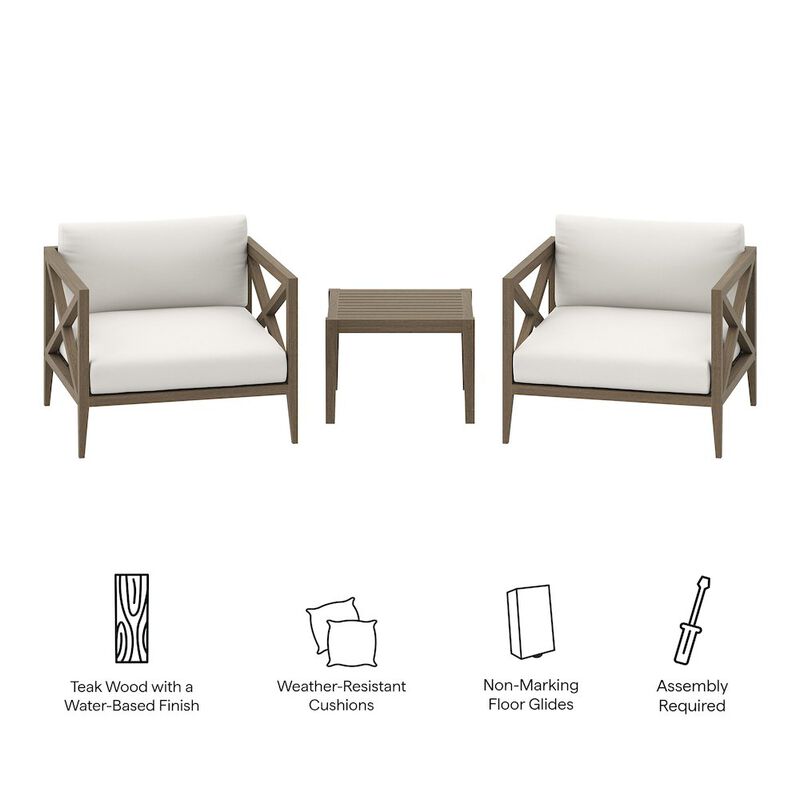 Modway 3-Piece Outdoor Patio Teak Wood Furniture Set with Armchair and Side Table