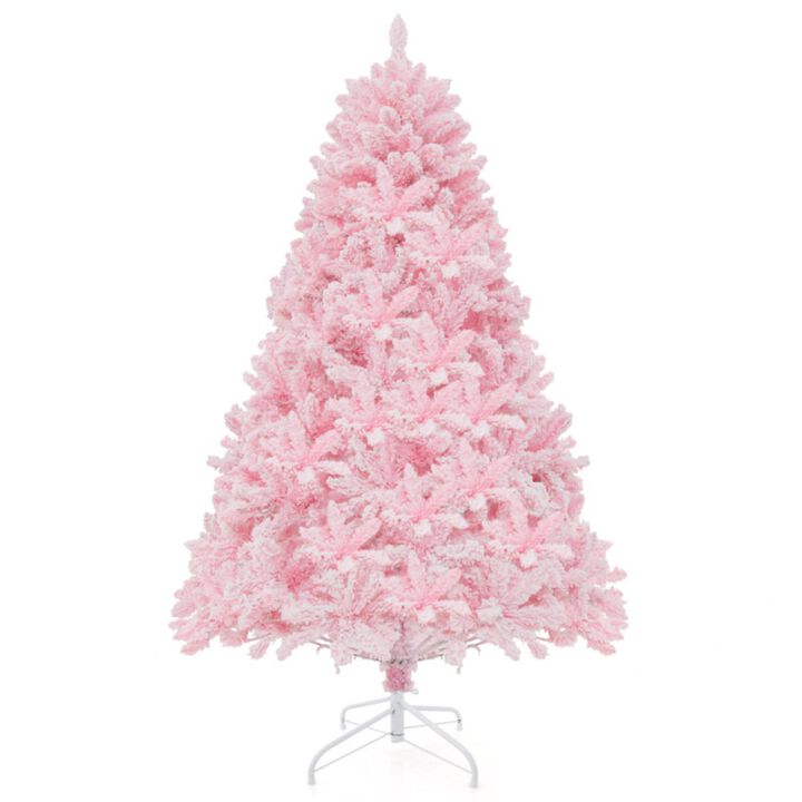 Hivvago 6 FT Flocked Artificial Xmas Tree Hinged with 350 LED Lights