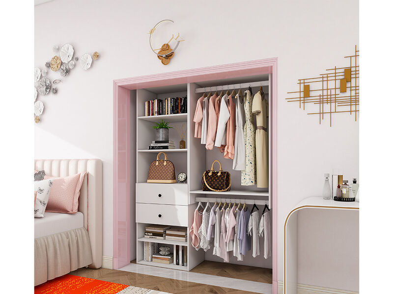 Closet Organizer System, Closet System with 2 Drawers, 2  Clothing Racks， Walk in Closet Organizers and Storage with 5 Shelves Wall Mounted, White Wardrobe Closet