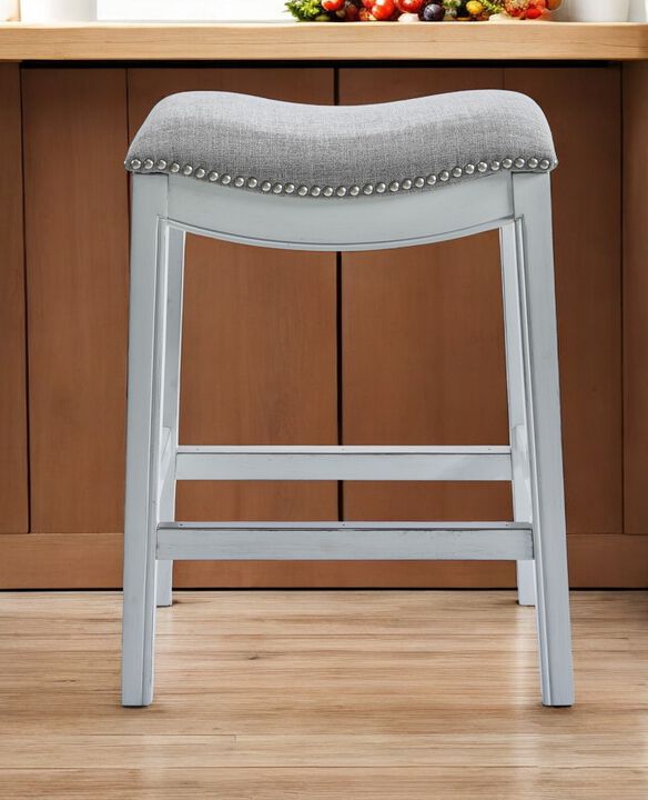 Hivvago 26 Inch Gray and White Solid Wood and Linen Blend Backless Counter Height Bar Chair