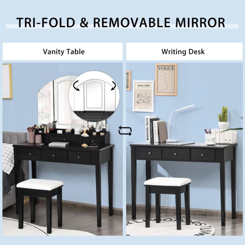 Hivvago Vanity Table Stool Set with Large Tri-folding Lighted Mirror