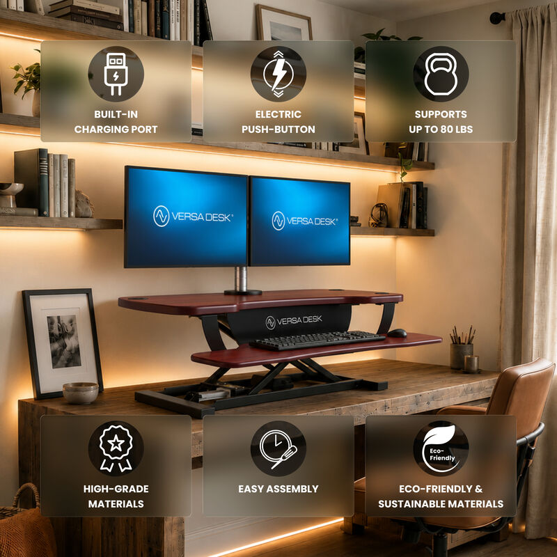 VersaDesk PowerPro Electric Height Adjustable Standing Desk Converter 36"W with USB Charging Port &ndash; Cherry image number 2