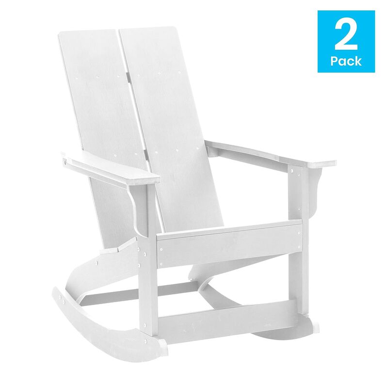 Flash Furniture Finn Modern Commercial Poly Resin Wood Adirondack Rocking Chair - All Weather White Polystyrene - Dual Slat Back - Stainless Steel Hardware - Set of 2