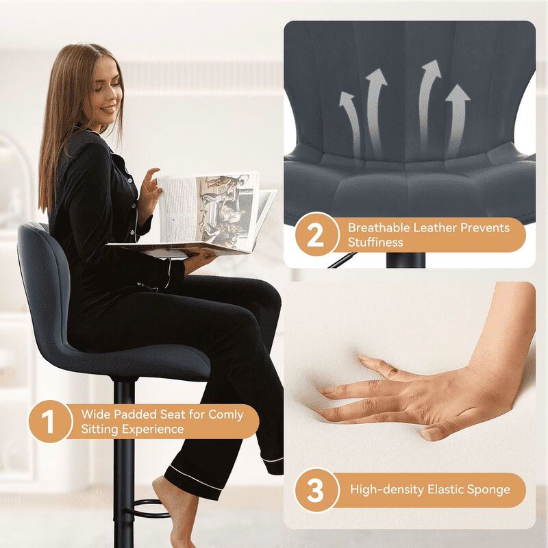 Modern Fabric Swivel Bar Stools Set of 2, Steady Adjustable Counter Height Stools with Back and Footrest, 360&deg; Kitchen Island Chairs for Kitchen Counter, Home Bar image number 2