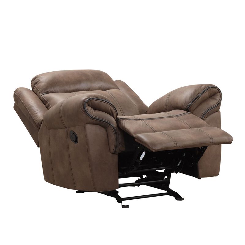 Arisa Manual Glider Recliner Chair, Brown Faux Leather, Pillow Arms - Benzara