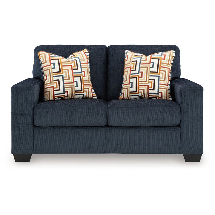 Avie Loveseat, 2 Accent Pillows, Soft Navy Blue Polyester, 62 Inch