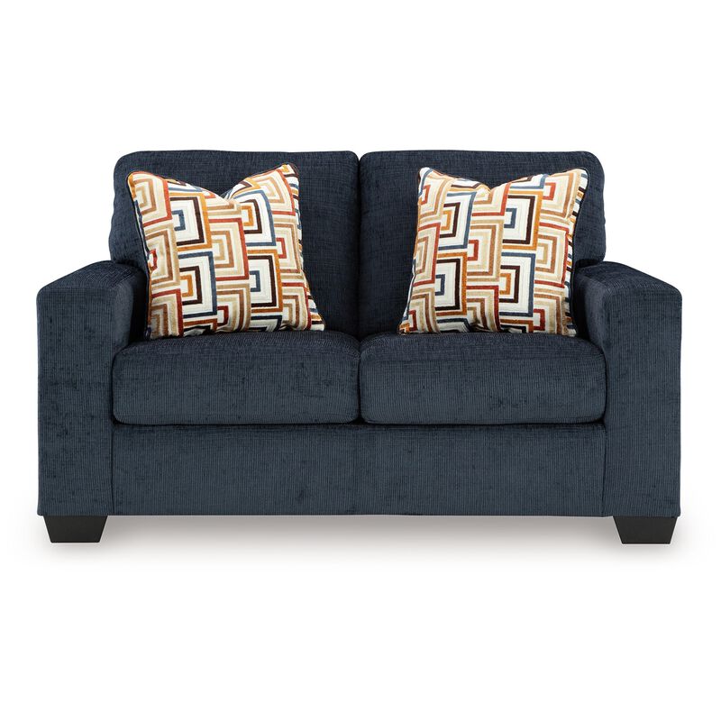 Avie Loveseat, 2 Accent Pillows, Soft Navy Blue Polyester, 62 Inch