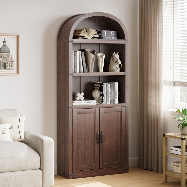 Vintage Farmhouse Arched 5-Tier Wooden Bookcase with Doors, Tall Display Cabinet for Living Room, Home Office and Bedroom
