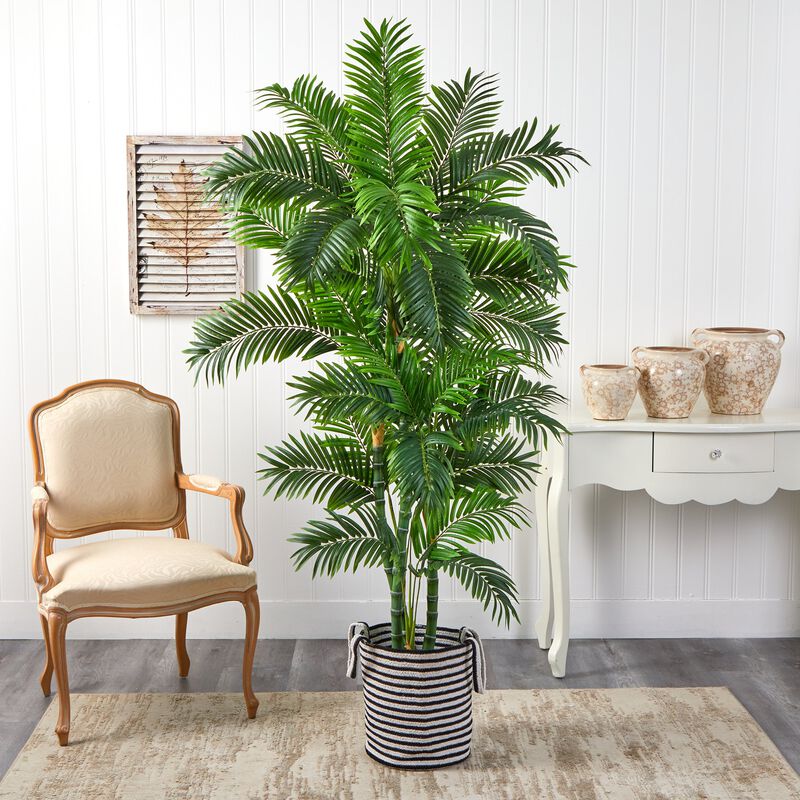 Hivvago 6 Feet Curvy Parlor Artificial Palm Tree in Handmade Black and White Natural Jute and Cotton Planter