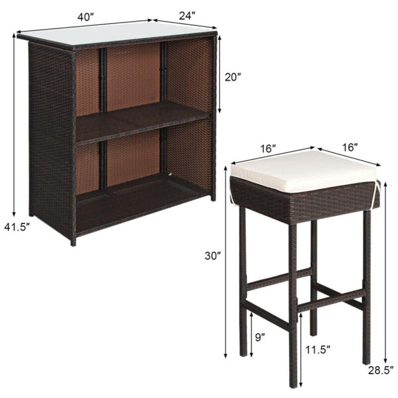 Hivvago 3 Pieces Outdoor Rattan Wicker Bar Set with 2 Cushions Stools