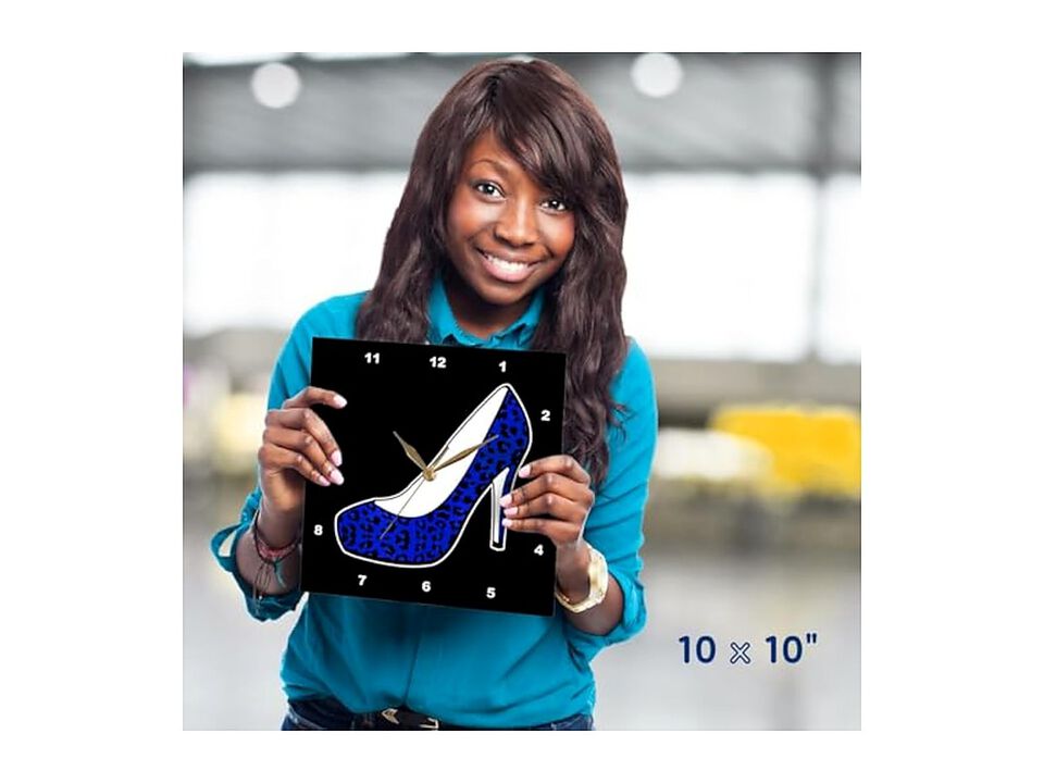 I Love Shoes Blue Cheetah High Heel Wall Clock 10 Inch Black Home Decor