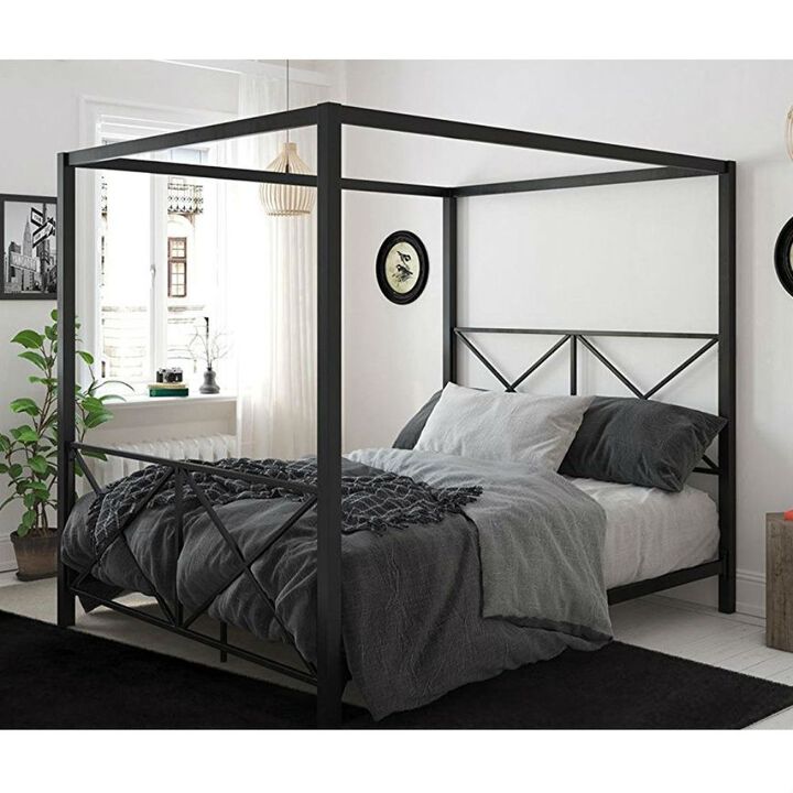 QuikFurn Queen size Modern Black Metal Four-Poster Canopy Bed Frame
