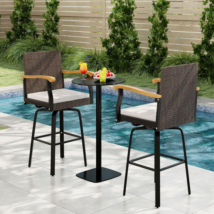Outdoor 360&deg; Swivel Bar Stool Set of 2 with Cushioned Seats and Wood Armrests-Off White