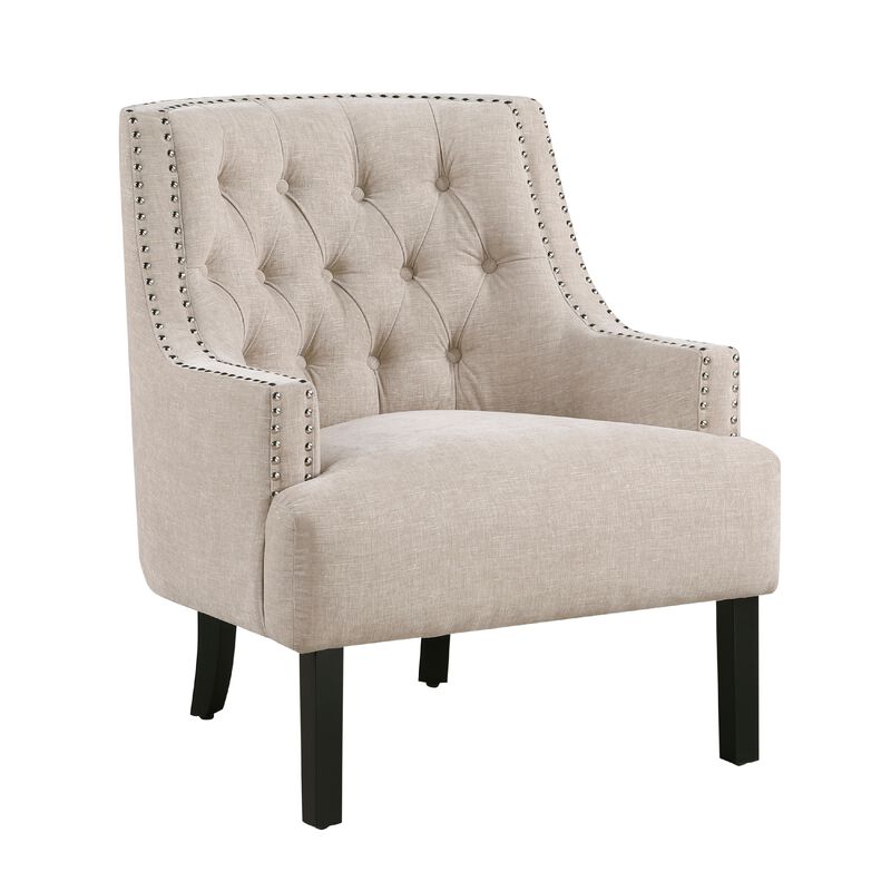Daisie Accent Armchair, Button Tufted Beige Chenille, Solid Wood