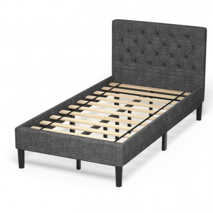 Hivvago Twin Size Grey Upholstered Button Tufted Headboard Platform Bed