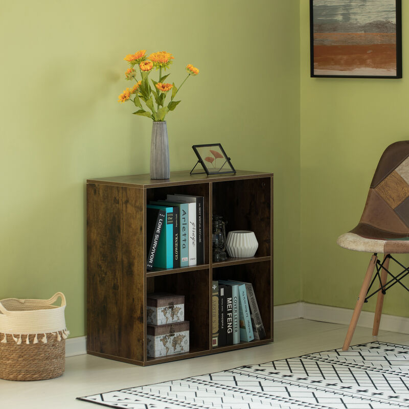 Modern Wooden Toy Storage Bookshelf 4 Cube Organizer Square Bookcase, Walnut