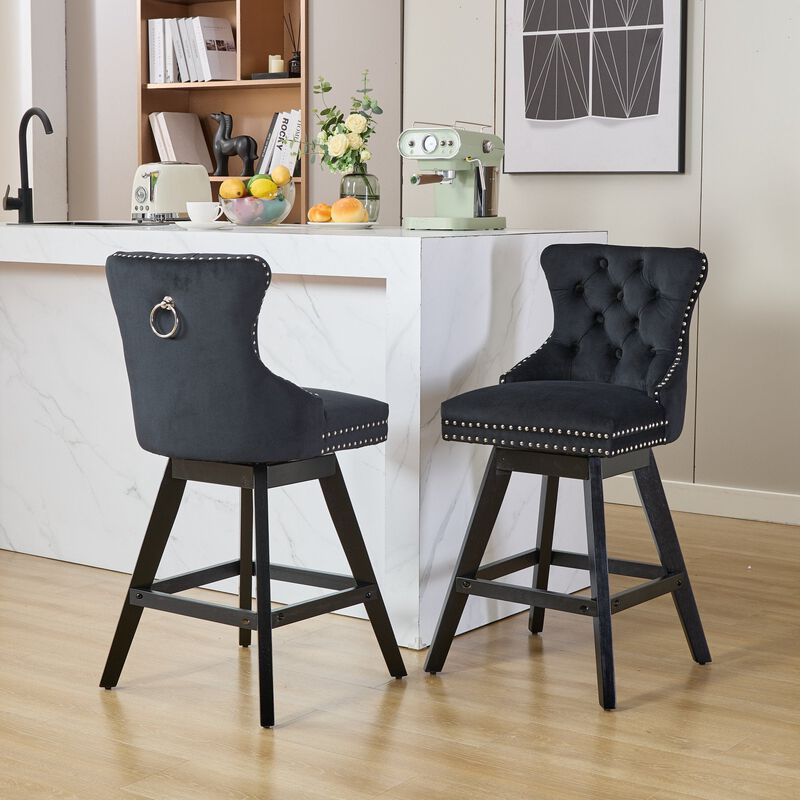 Clihome Swivel Velvet Barstools with Button Tufted Decoration and Wooden Legs, and Chrome Nailhead Trim, Leisure Style Bar Stools,Set of 2 image number 2
