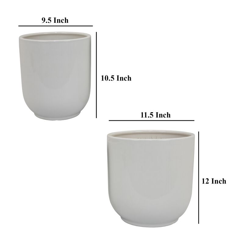 Lyna Accent Planter Set of 2, White Ceramic, Smooth Glossy Texture - Benzara