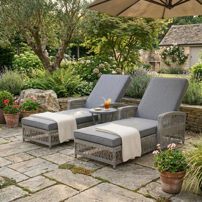 Merax Outdoor Lounger Set of 2 with Adjustable Backrest, Armrests, Thick Cushions image number 2