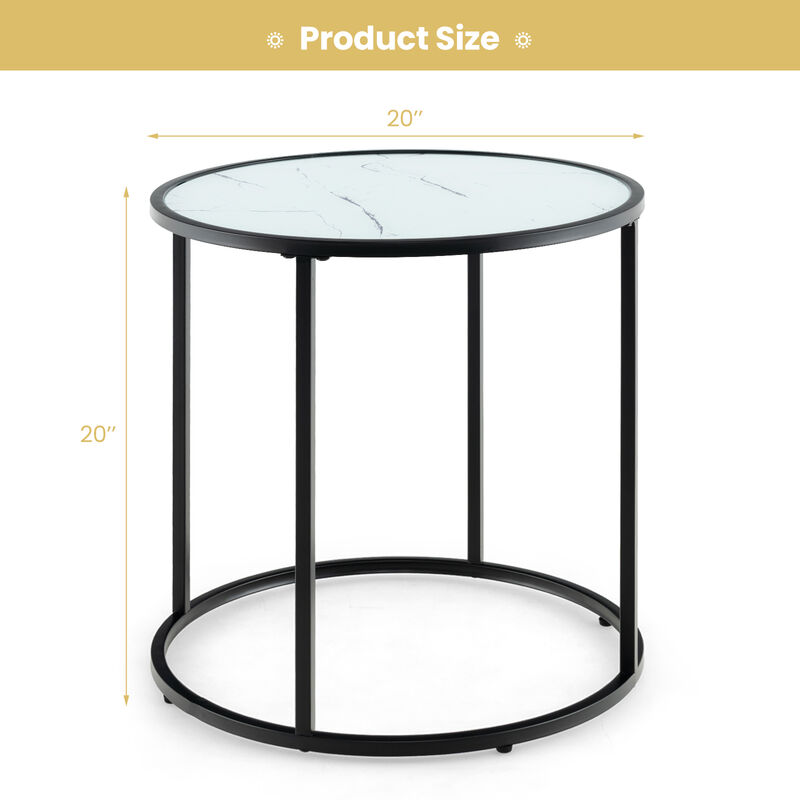 20 Inch Glass End Table with Metal Frame and Faux Marble Glass Top