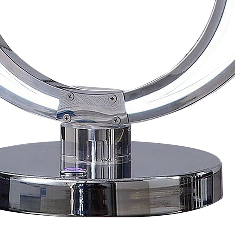 14 Inch Table Lamp, Modern Ring LED Light, Round Metal Base, Silver - Benzara