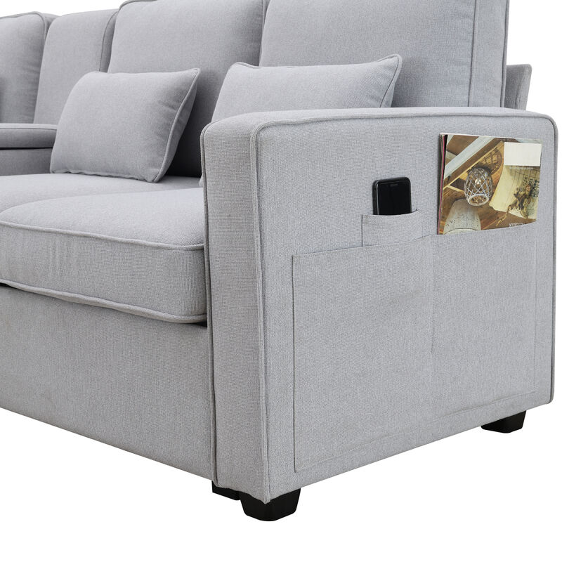 4-Seater Modern Linen Fabric Sofa With Armrest Pockets And 4 Pillows, Minimalist Style
