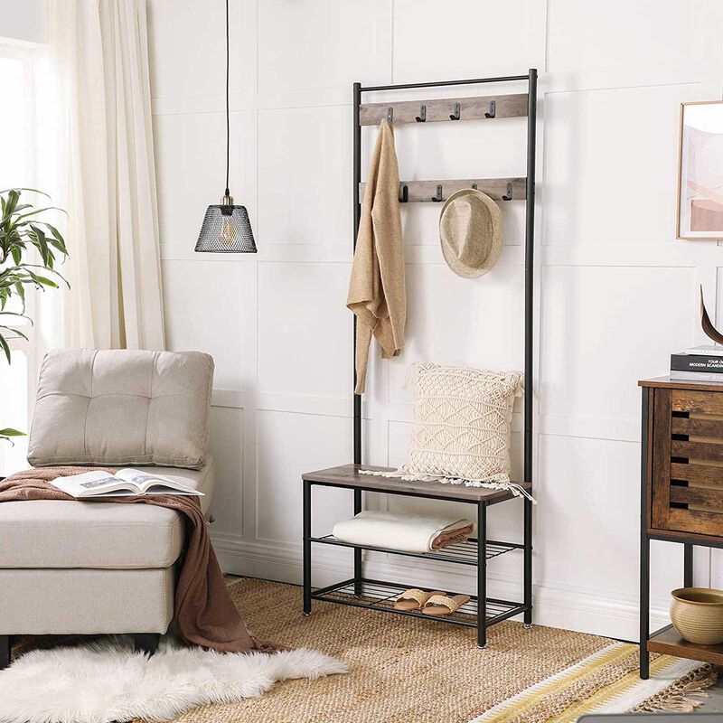 Coat Rack and Shoe Bench with Storage Shelf and Metal Frame