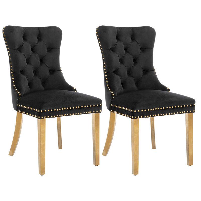 Set of 2 Upholstered Dining Chairs, Tufted Back, Nailhead Trim, Solid Wood Legs