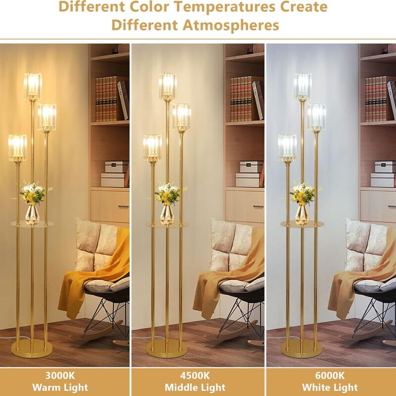 ELEMENT ACE Modern Mid-Century Floor Lamp with Built-In Storage Shelves, Crystal Shade, Stable Base, and Convenient Foot Switch Ideal for Living Room, Bedroom, Corner Spaces image number 6
