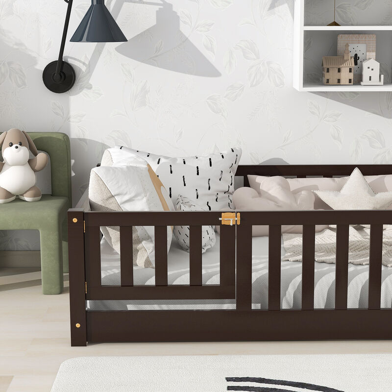 Whisen Twin Size Rubber Wood Floor Bed with Safety Guardrails & Door, Kids Bed image number 4