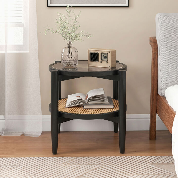 Round Rattan End Table with Glass Tabletop, Stylish Accent Side Table for Home Decor