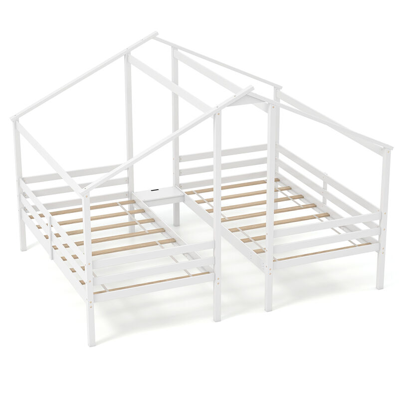 Double Twin Size Wooden Bed Frames with Built-in Table for Kids
