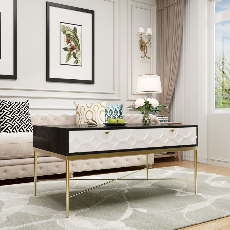 47 in. Black and White Rectangle Wood Coffee Table with 2-Drawers