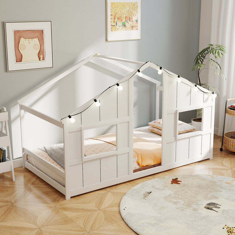 Twin Montessori House Bed with LED Lights, Low Floor Slat-Free Design image number 1