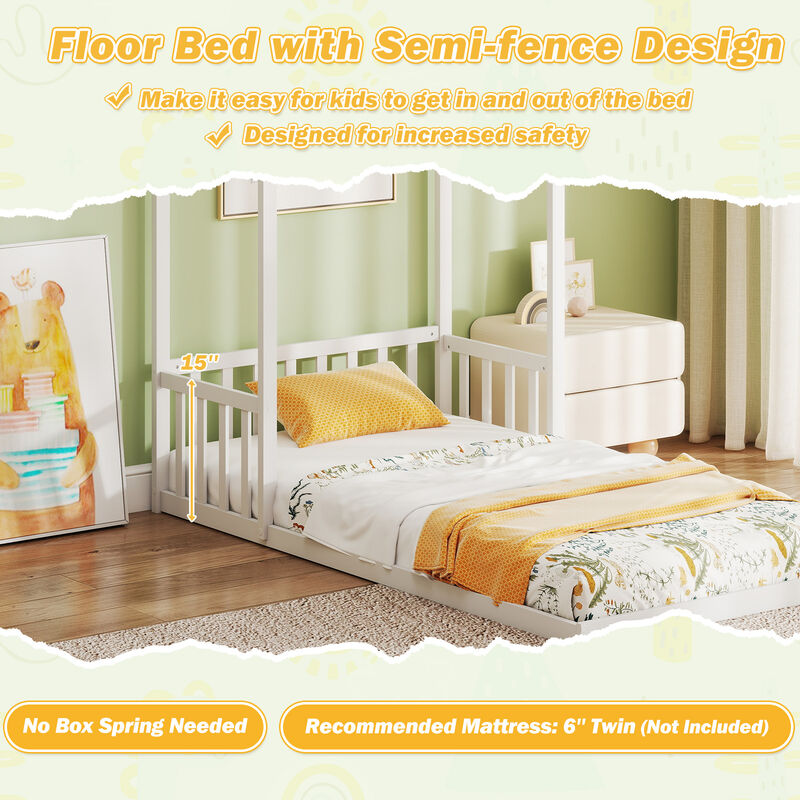 Twin Floor Bed with House Roof and Semi-Fence for Kids Bedroom image number 6