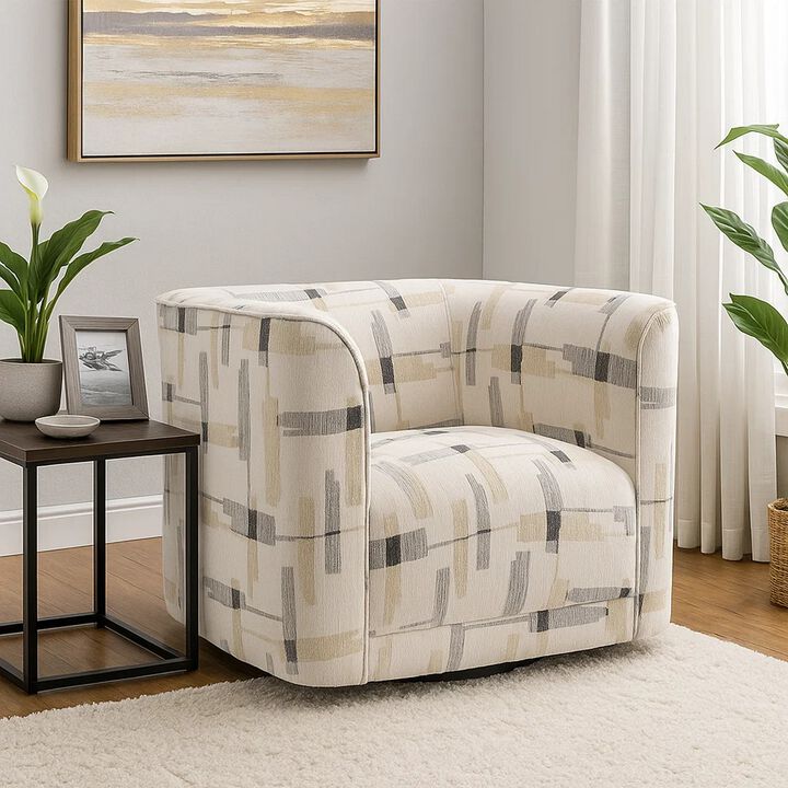 Lenu Swivel Accent Sofa Chair, Beige Pattern Fabric, Boxy Padded Seat