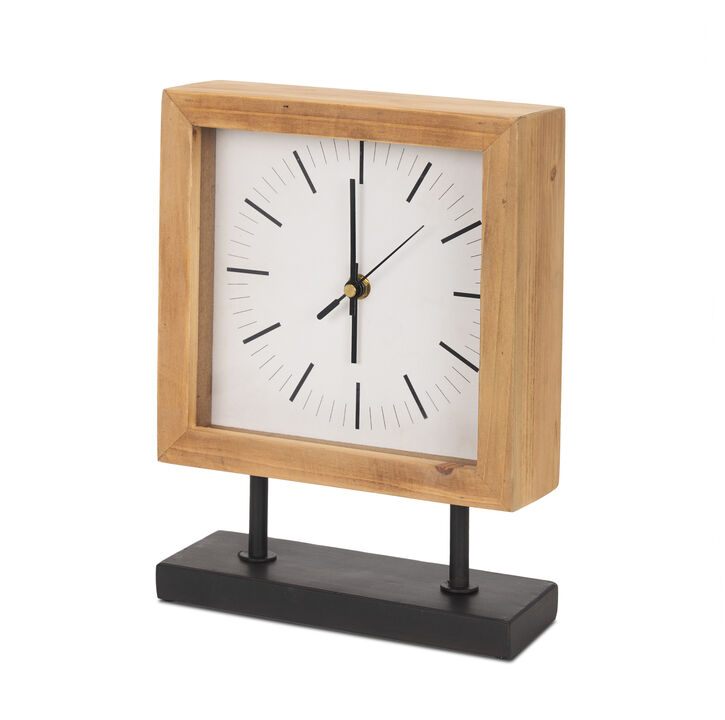 HomeRoots 11" Natural And Black Solid Wood And Metal Square Table Clock