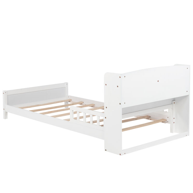 Whisen Twin Pine Wood Bed with Bookcase Headboard ,LED Motion Sensor Light, Guardrails-White