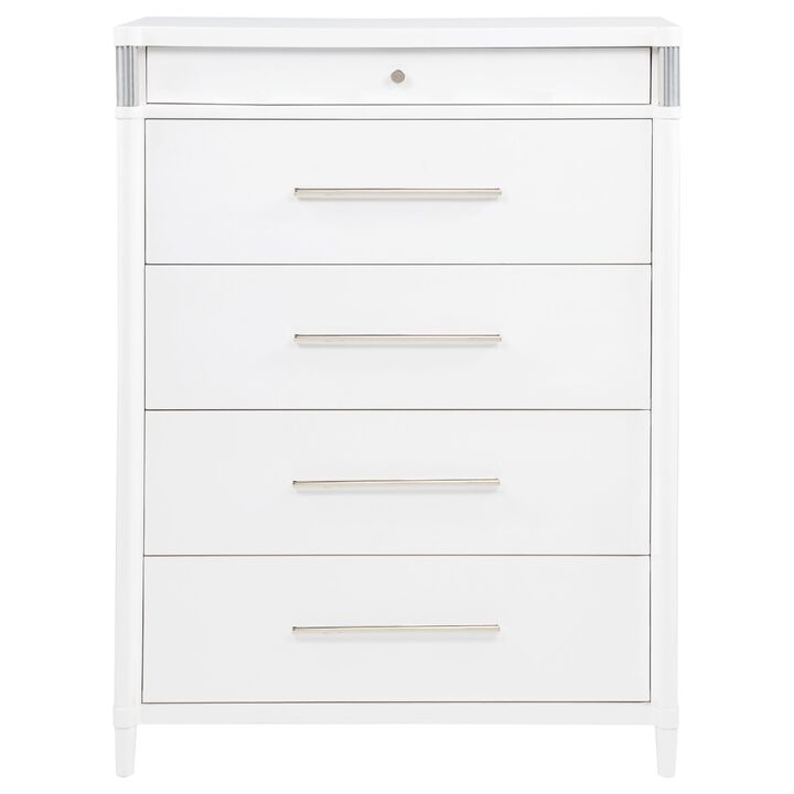 Ruvie Tall Chest 5 Drawers w Felt lined Jewellery Drawer, White Wood