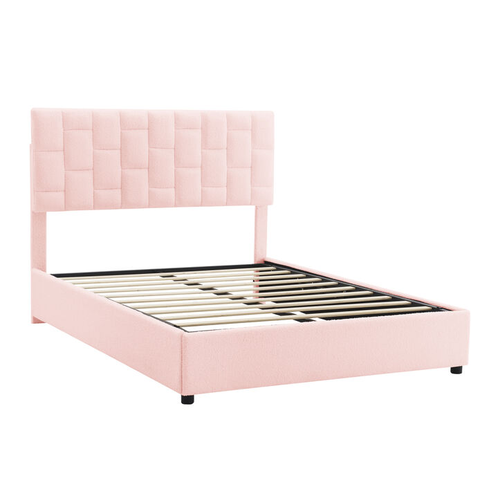 Queen Size Upholstered Platform bed with Heightadjustable Headboard and Underbed Storage Space, Pink