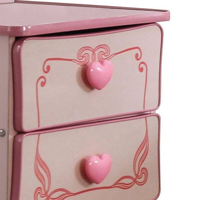 2 Drawer Wooden Nightstand with Heart Knob Pulls, Pink-Benzara image number 3