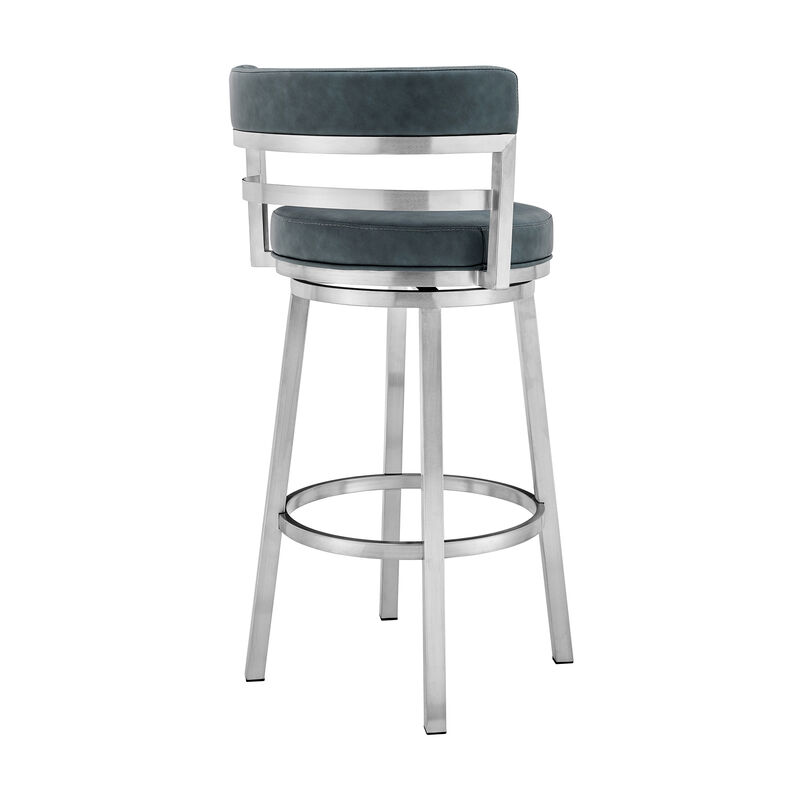HomeRoots 26" Blue and Silver Faux Leather and Stainless Steel Low Back Counter Height Swivel Bar Chair image number 2