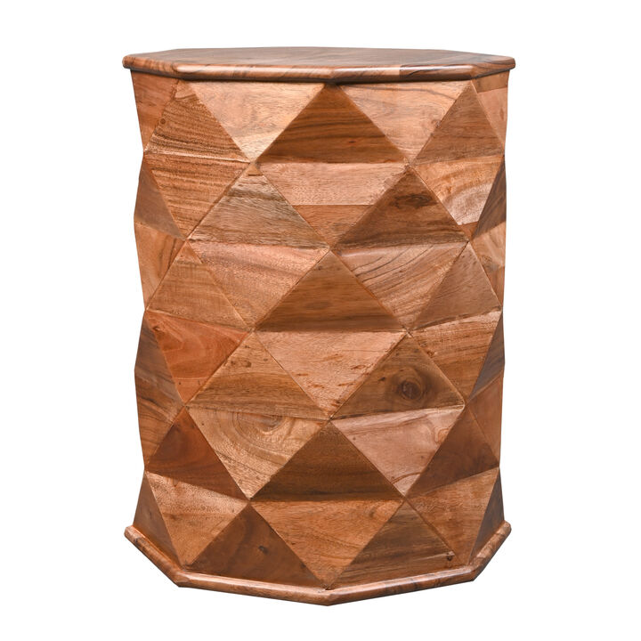 23 Inch Handcrafted Drum Side Accent Table with a Multifaceted Diamond Cut Design, Natural Brown Acacia Wood-Benzara